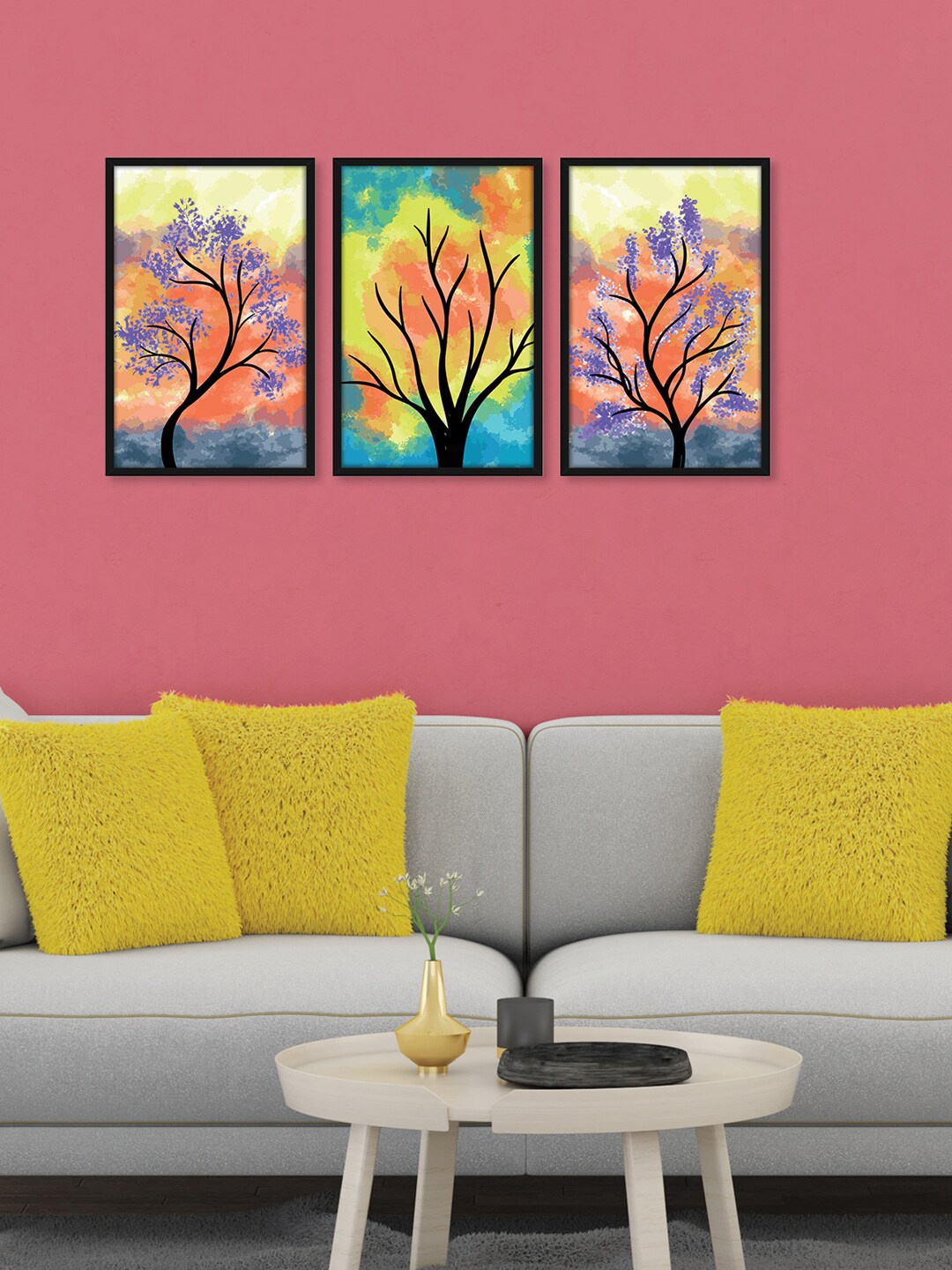 RANDOM Yellow & Orange 3 Pieces Framed Colourful Tree Wall Art Paintings