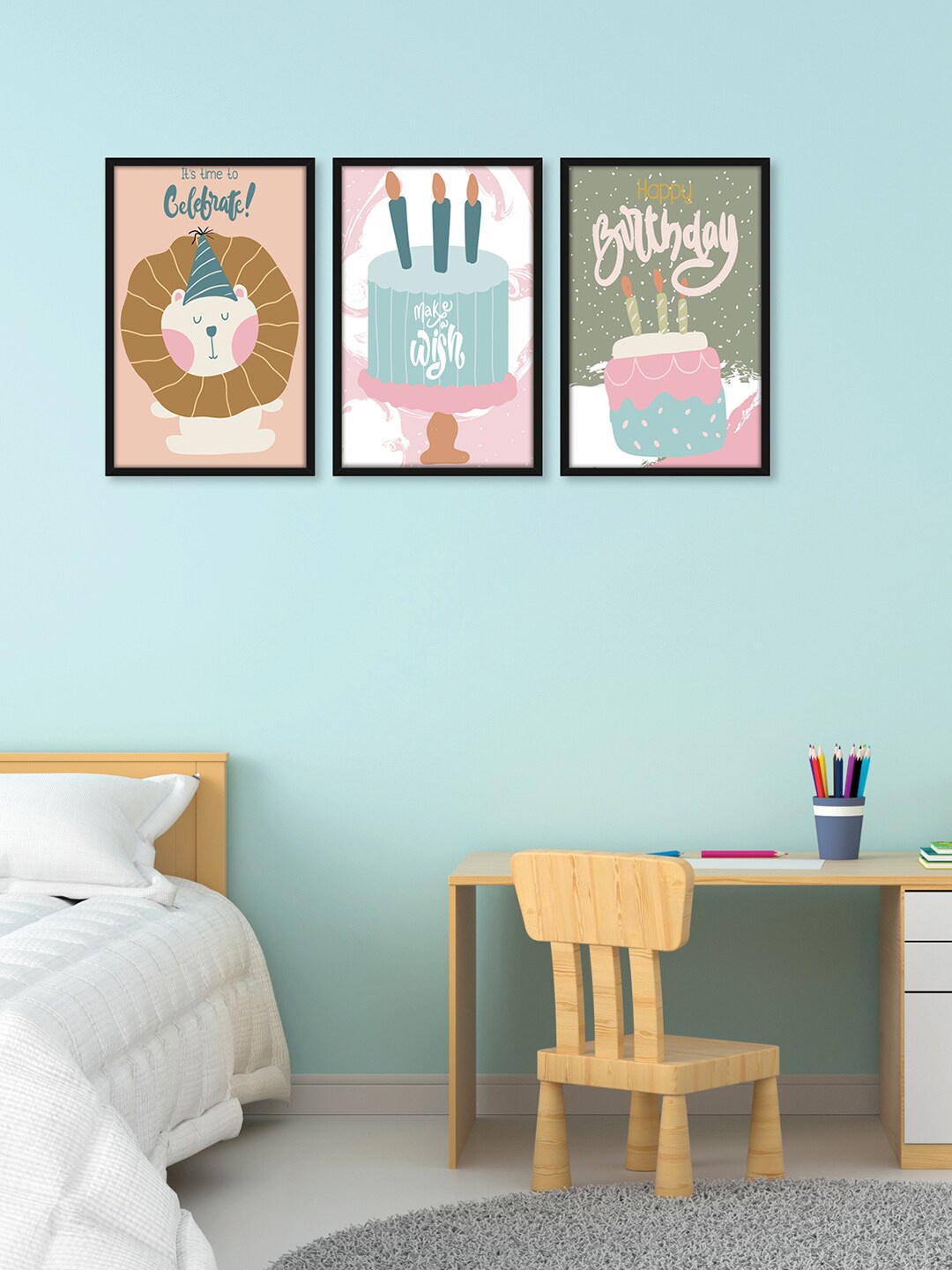 

RANDOM Brown & White 3 Pieces Framed Happy Birthday Wall Art Paintings