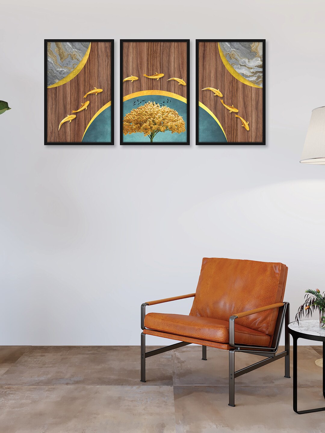

RANDOM Brown 3 Pieces Framed Round Fishes Wall Art Paintings