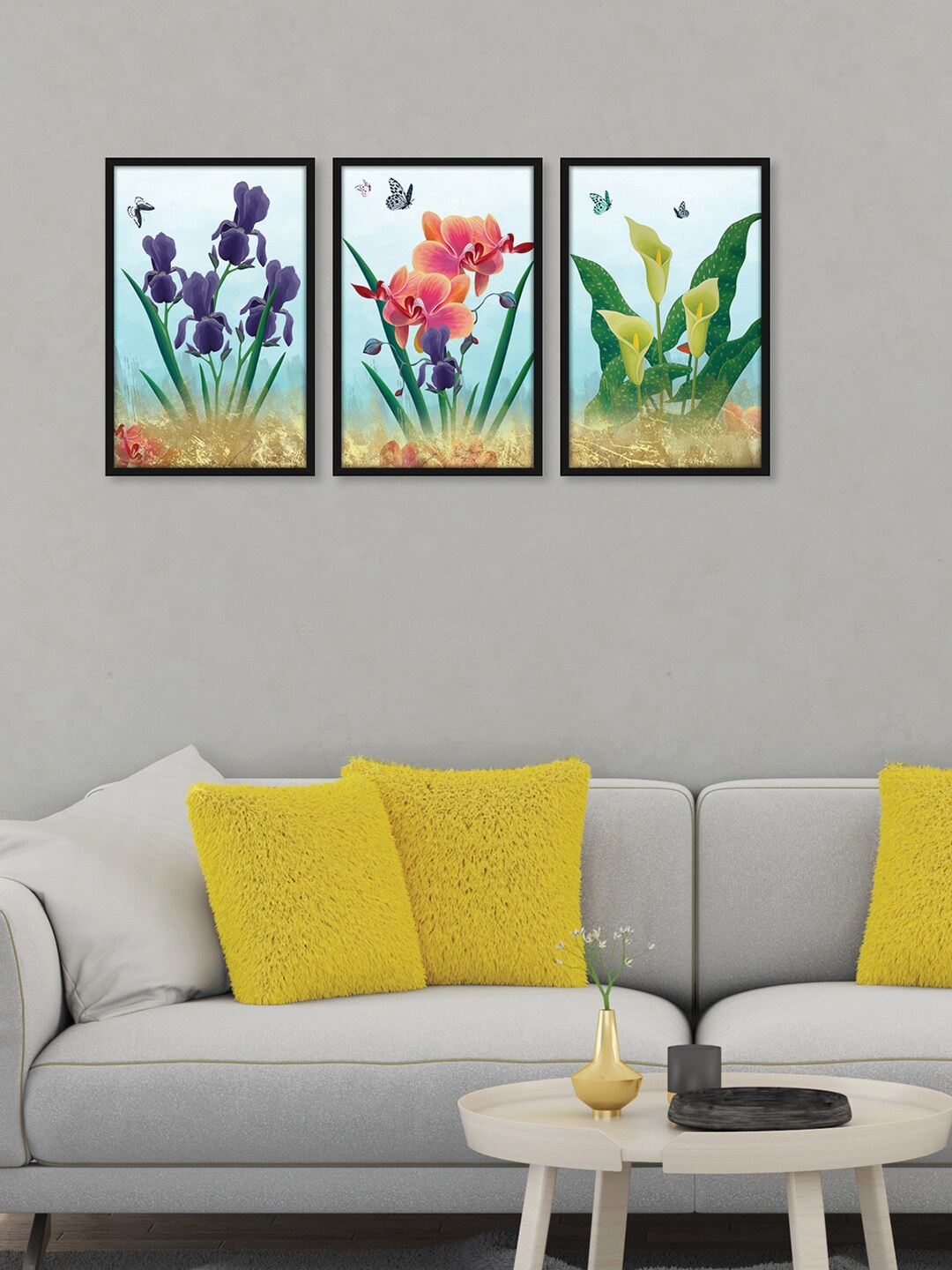 

RANDOM Blue & Pink 3 Pieces Framed Colorful Flowers Wall Paintings