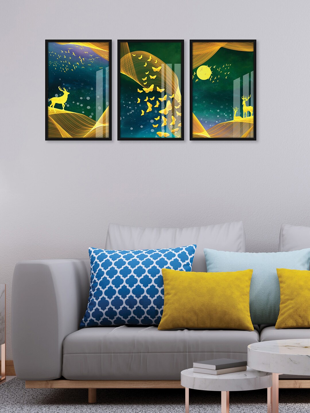 

RANDOM Yellow & Green 3 Pieces Framed Golden Deer & Bird Wall Art Paintings