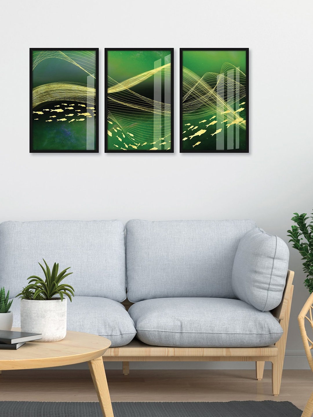 

RANDOM Green & Black 3 Pieces Framed Golden Sparkling Wall Paintings