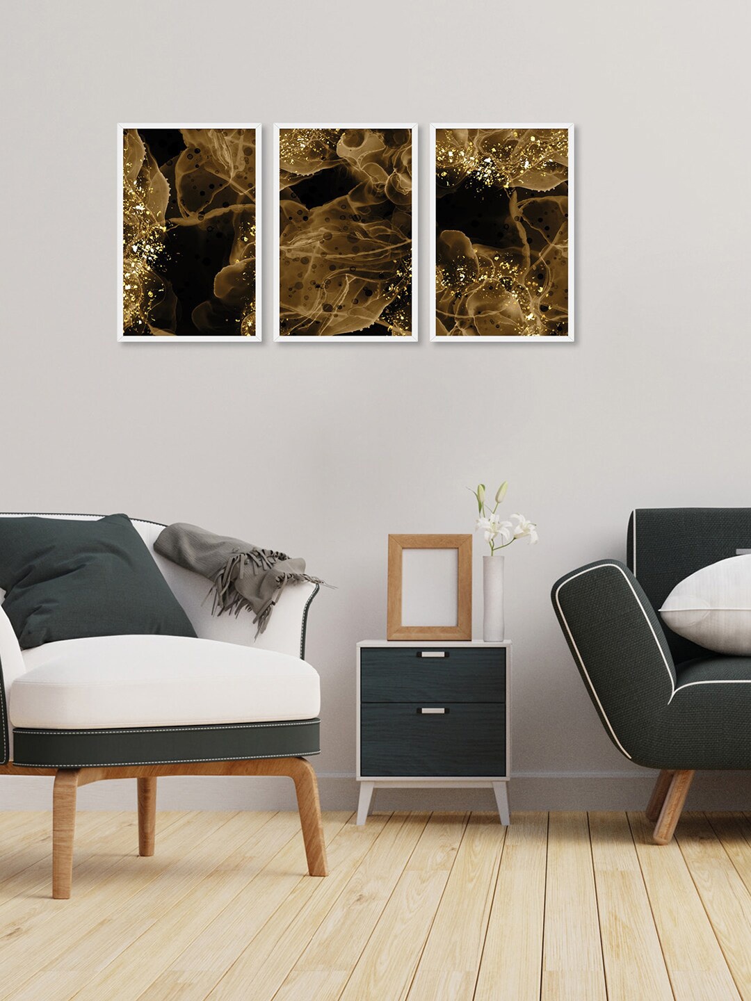 

RANDOM Black & Brown 3 Pieces Black & Gold-Toned Framed Shade Wall Art Paintings