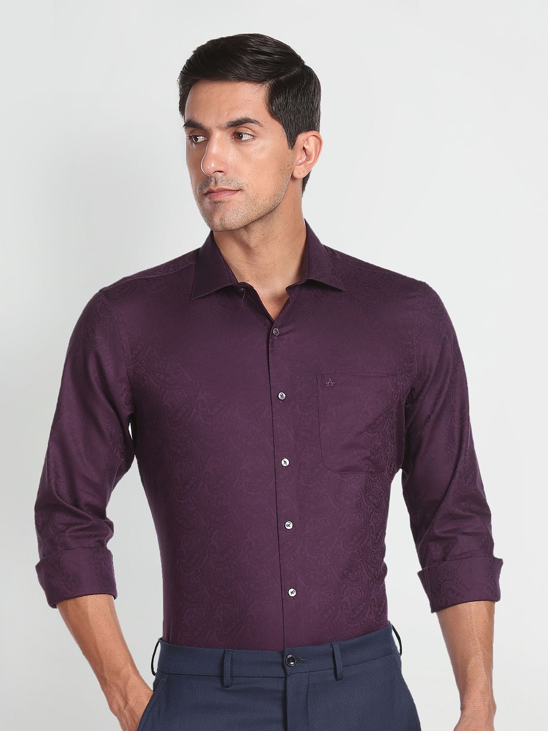 

Arrow Floral Printed Twill Weave Pure Cotton Formal Shirt, Purple