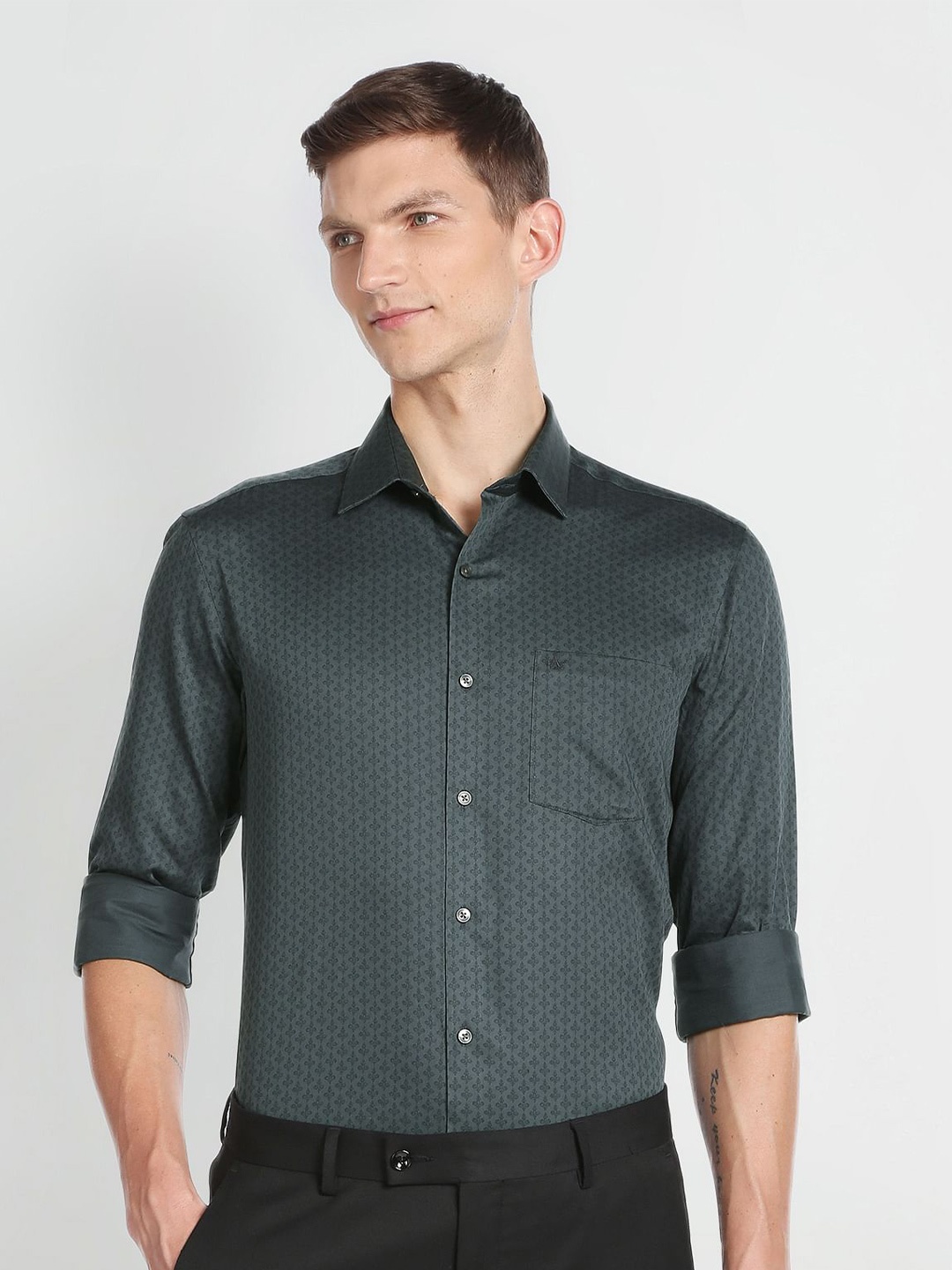 

Arrow Slim Fit Micro Ditsy Printed Pure Cotton Formal Shirt, Grey