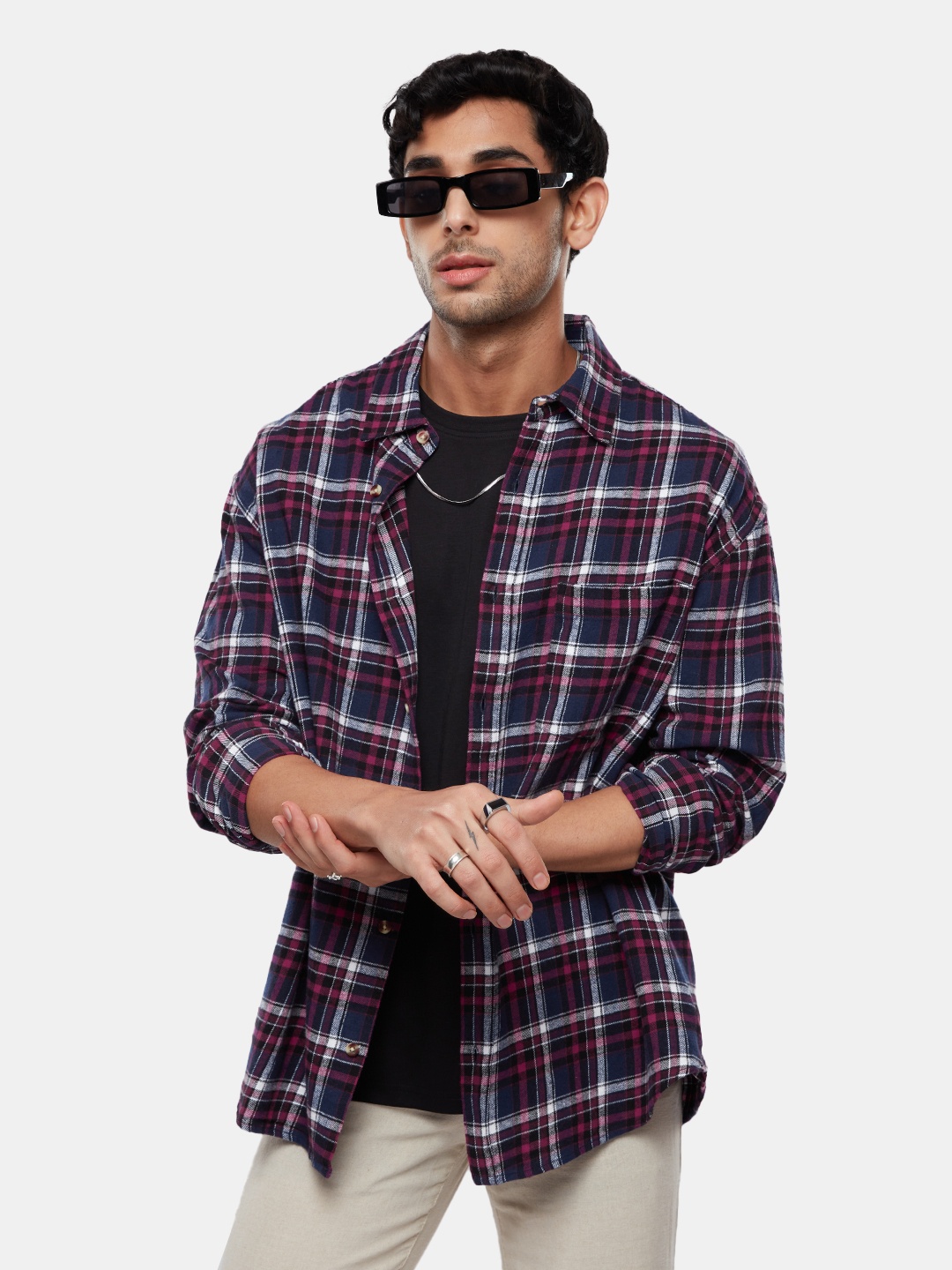 

The Souled Store Pink, Blue & White Relaxed Tartan Checked Pure Cotton Casual Shirt