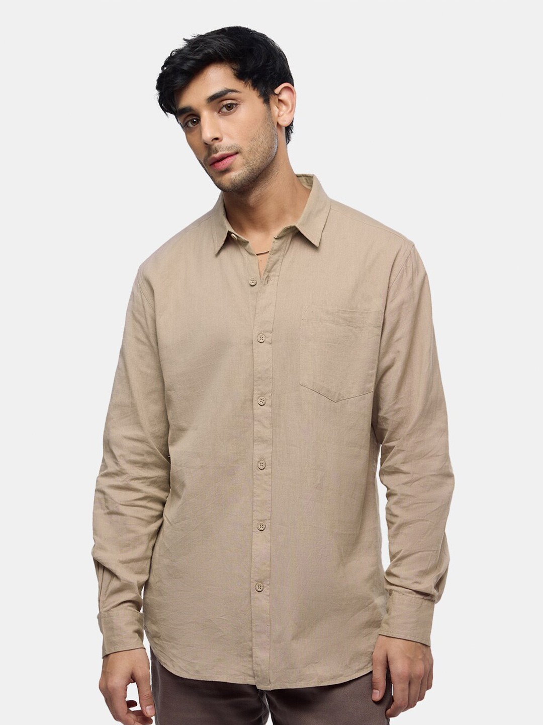 

The Souled Store Brown Spread Collar Cotton Linen Casual Shirt