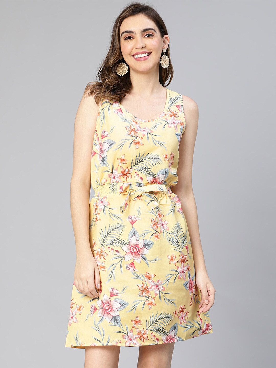 

Oxolloxo Floral Printed Smocked A-Line Dress, Yellow