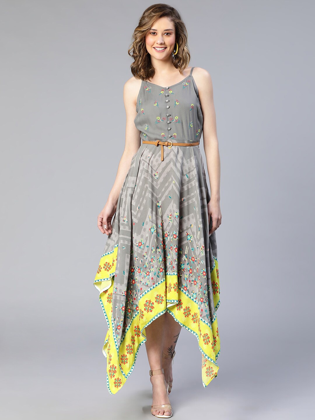 

Oxolloxo Floral Printed Asymmetric Maxi Dress With Belt, Grey
