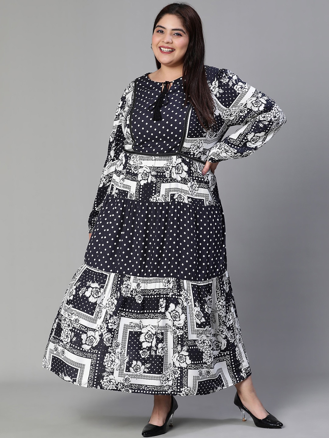 

Oxolloxo Plus Size Ethnic Motifs Printed Tie-Up Neck Crepe Maxi Dress, Navy blue