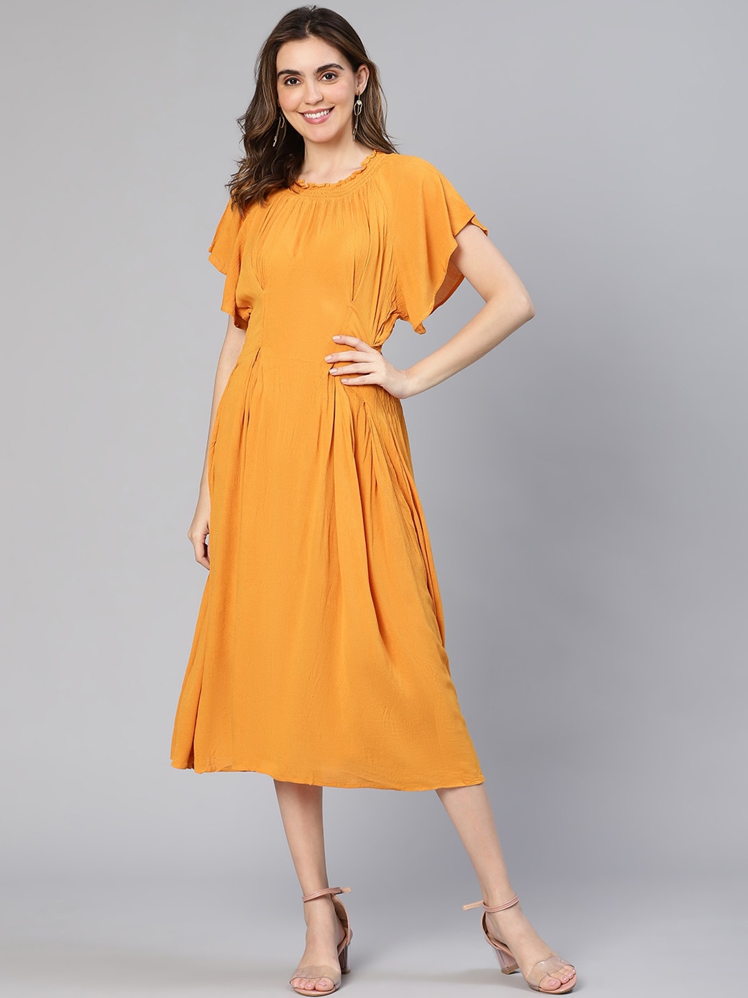 

Oxolloxo Flutter Sleeve Smocked A-Line Midi Dress, Mustard