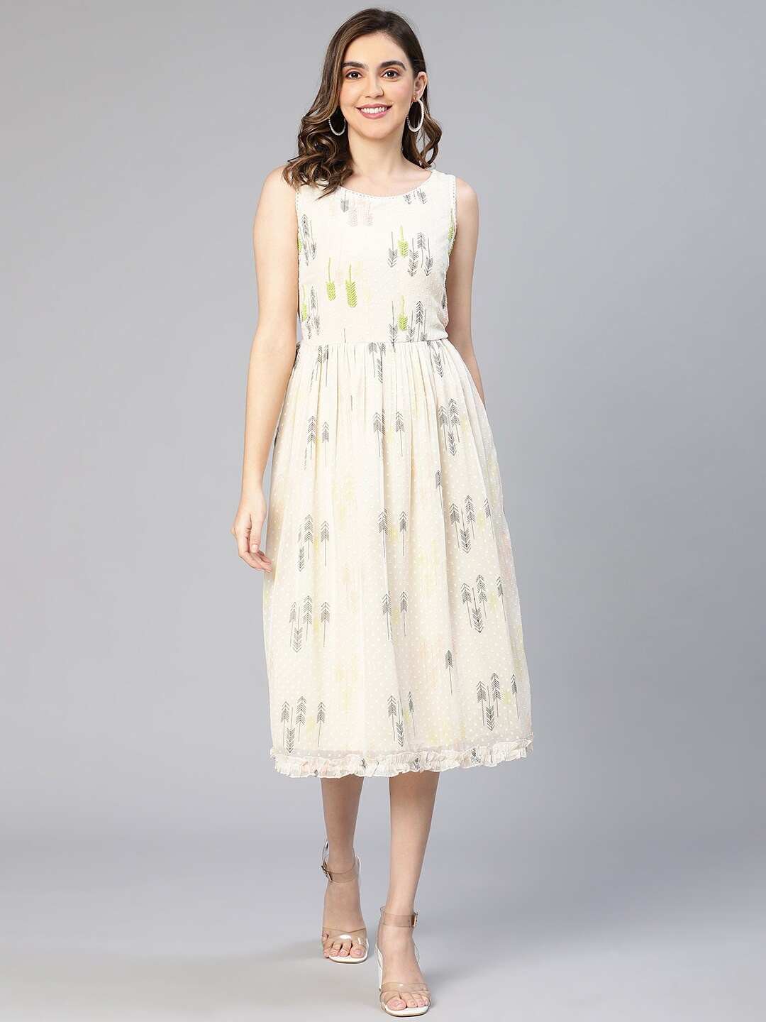 

Oxolloxo Floral Printed Georgette Fit & Flare Midi Dress, Beige