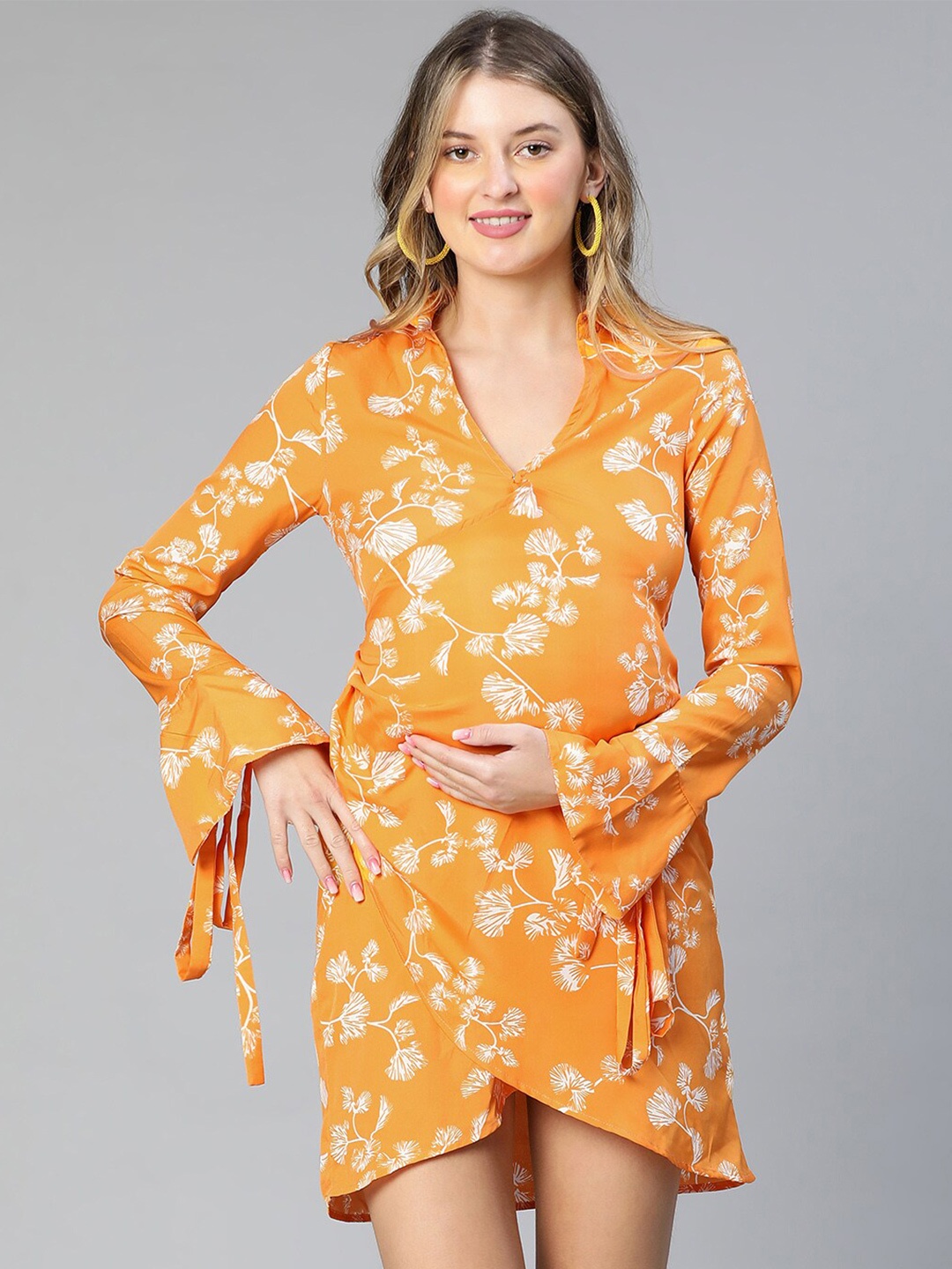 

Oxolloxo Floral Printed Spread Collar Crepe Maternity Mini Wrap Dress, Yellow