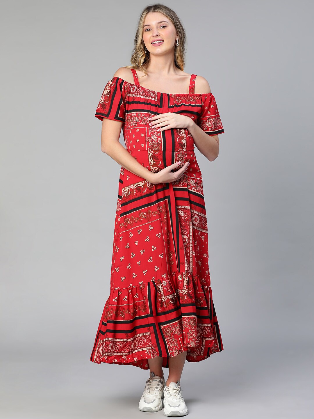 

Oxolloxo Floral Printed Cold-Shoulder Maternity Maxi Dress, Red