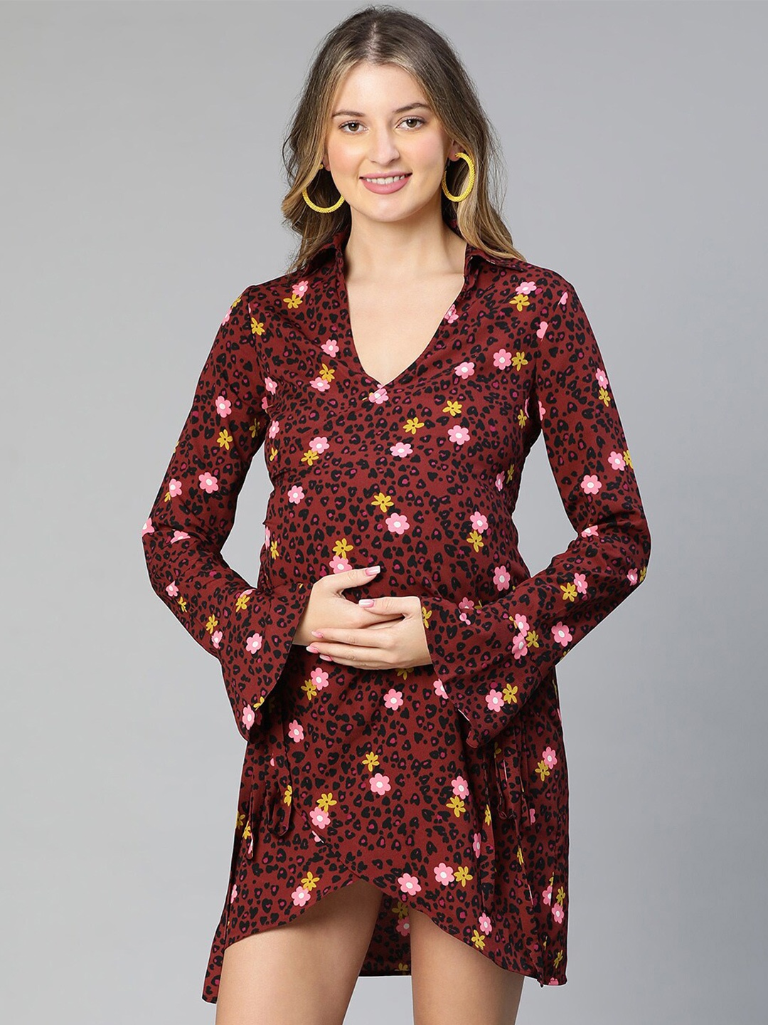 

Oxolloxo Floral Printed Spread Collar Crepe Maternity Mini Wrap Dress, Maroon