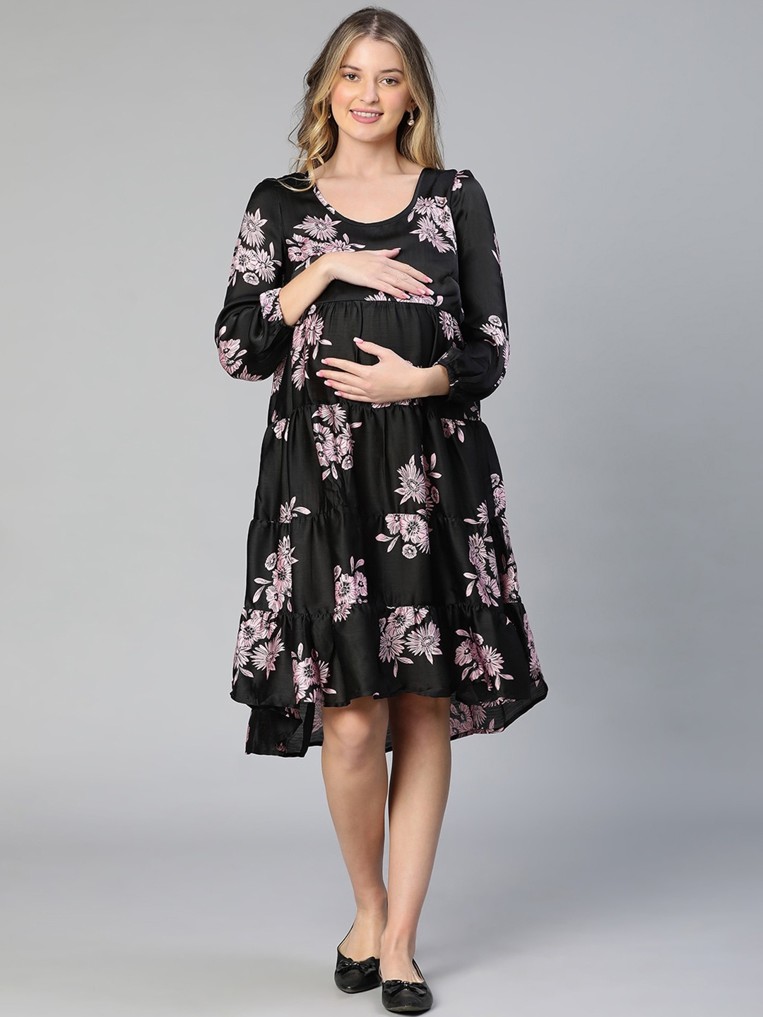

Oxolloxo Floral Printed Crepe Maternity Fit & Flare Midi Dress, Black