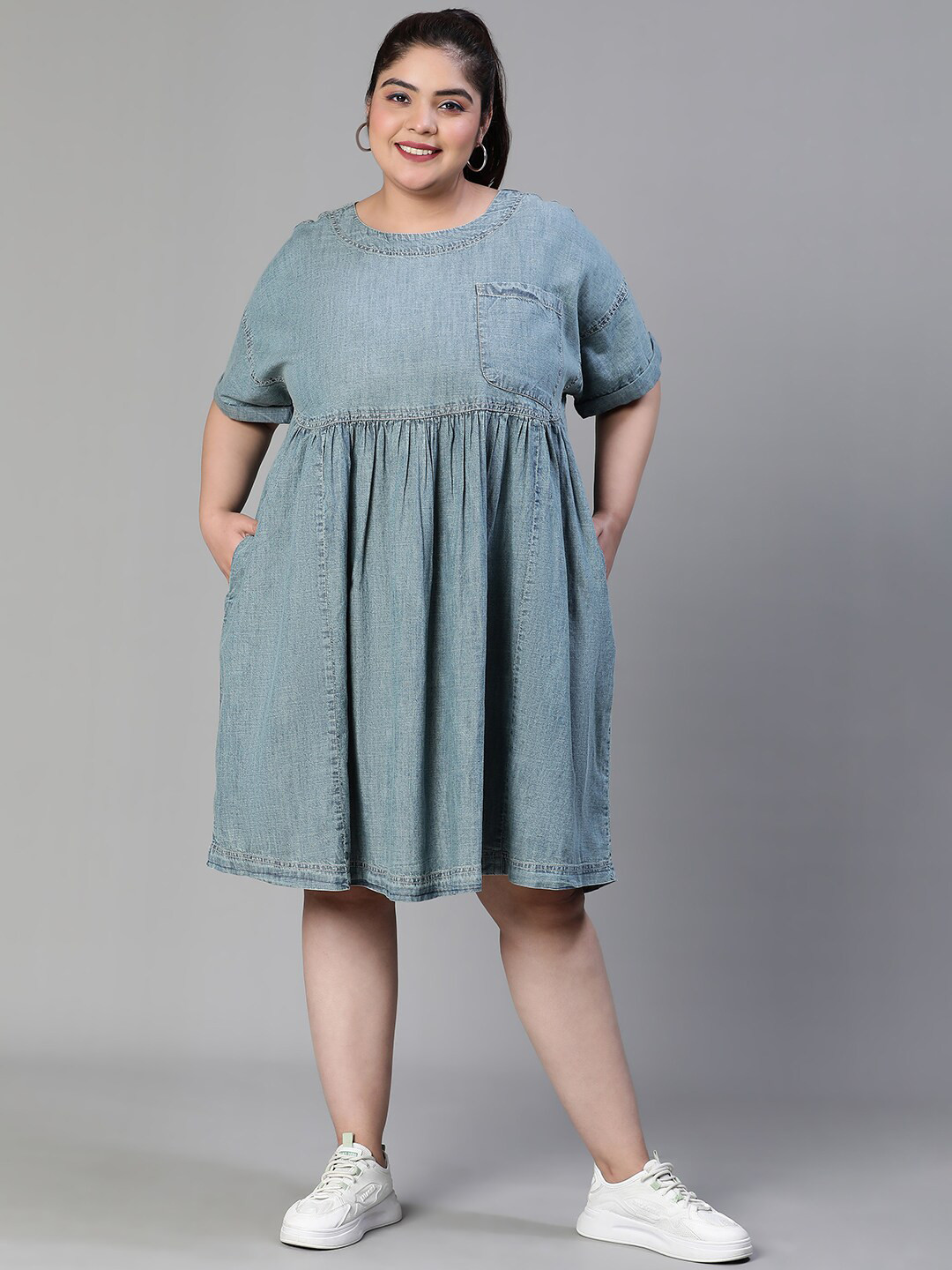 

Oxolloxo Plus Size Round Neck Denim A-Line Dress, Blue