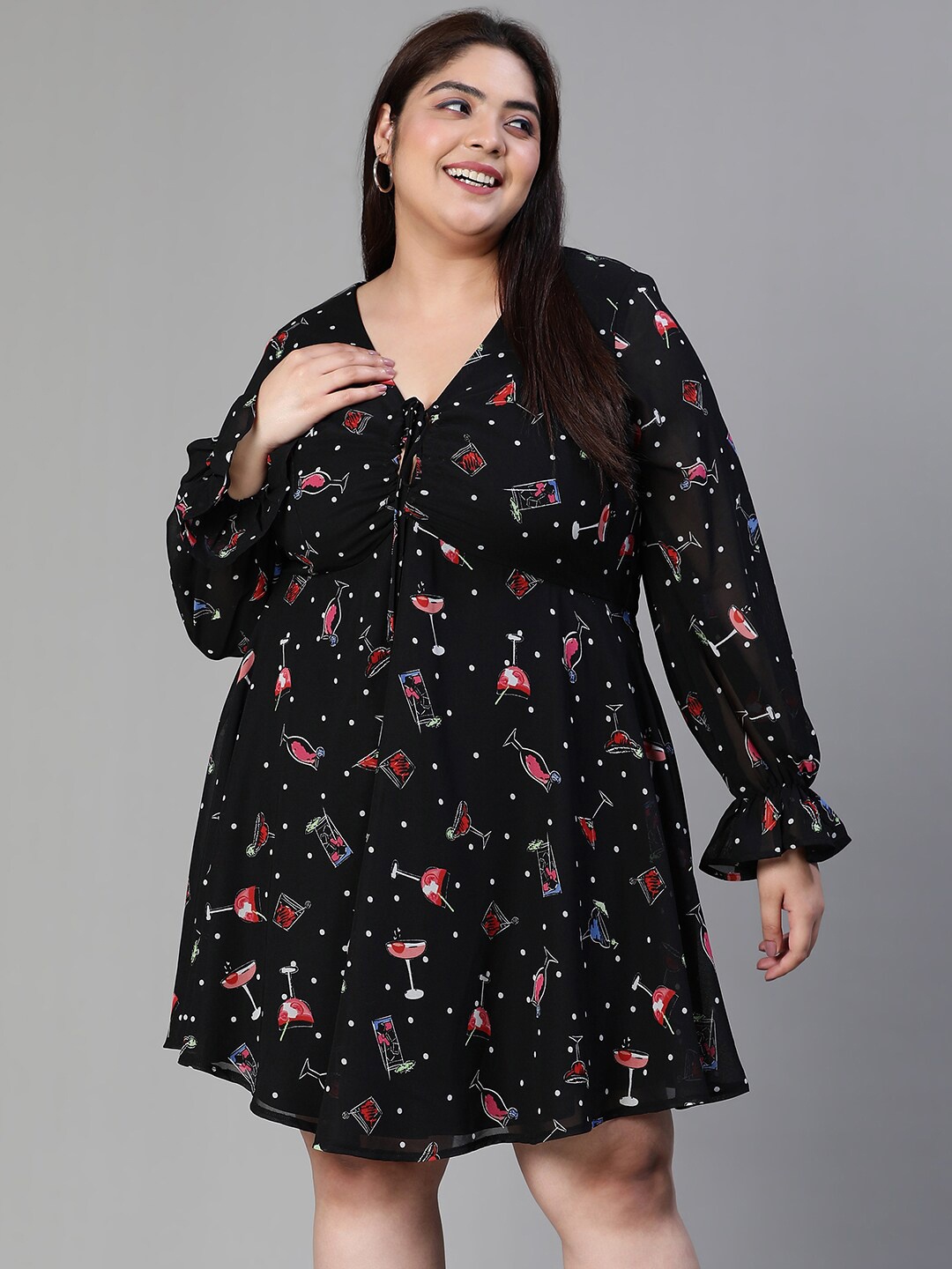 

Oxolloxo Floral Print Puff Sleeve Empire Dress, Black