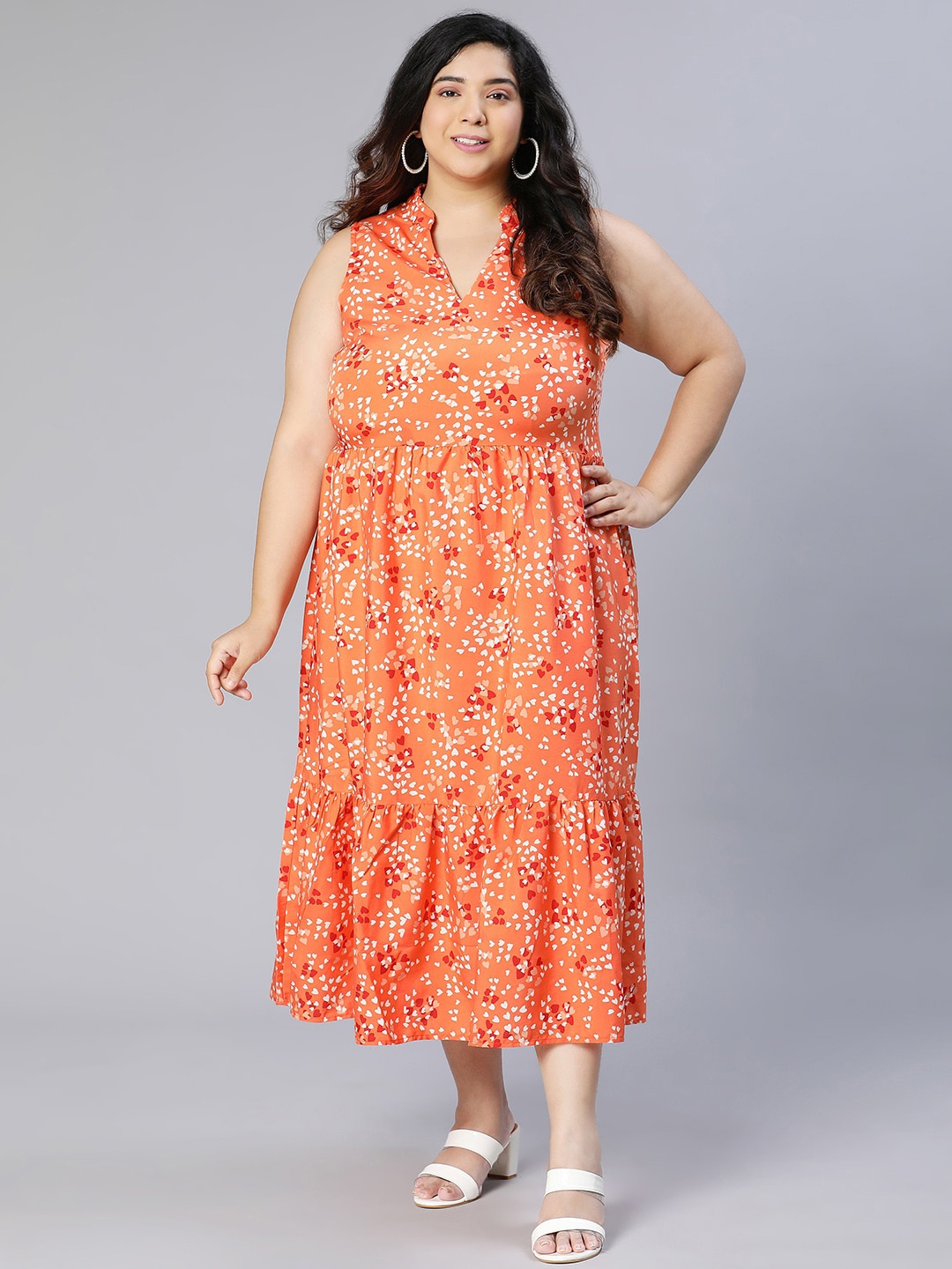 

Oxolloxo Plus Size Geometric Printed Crepe Empire Midi Dress, Orange