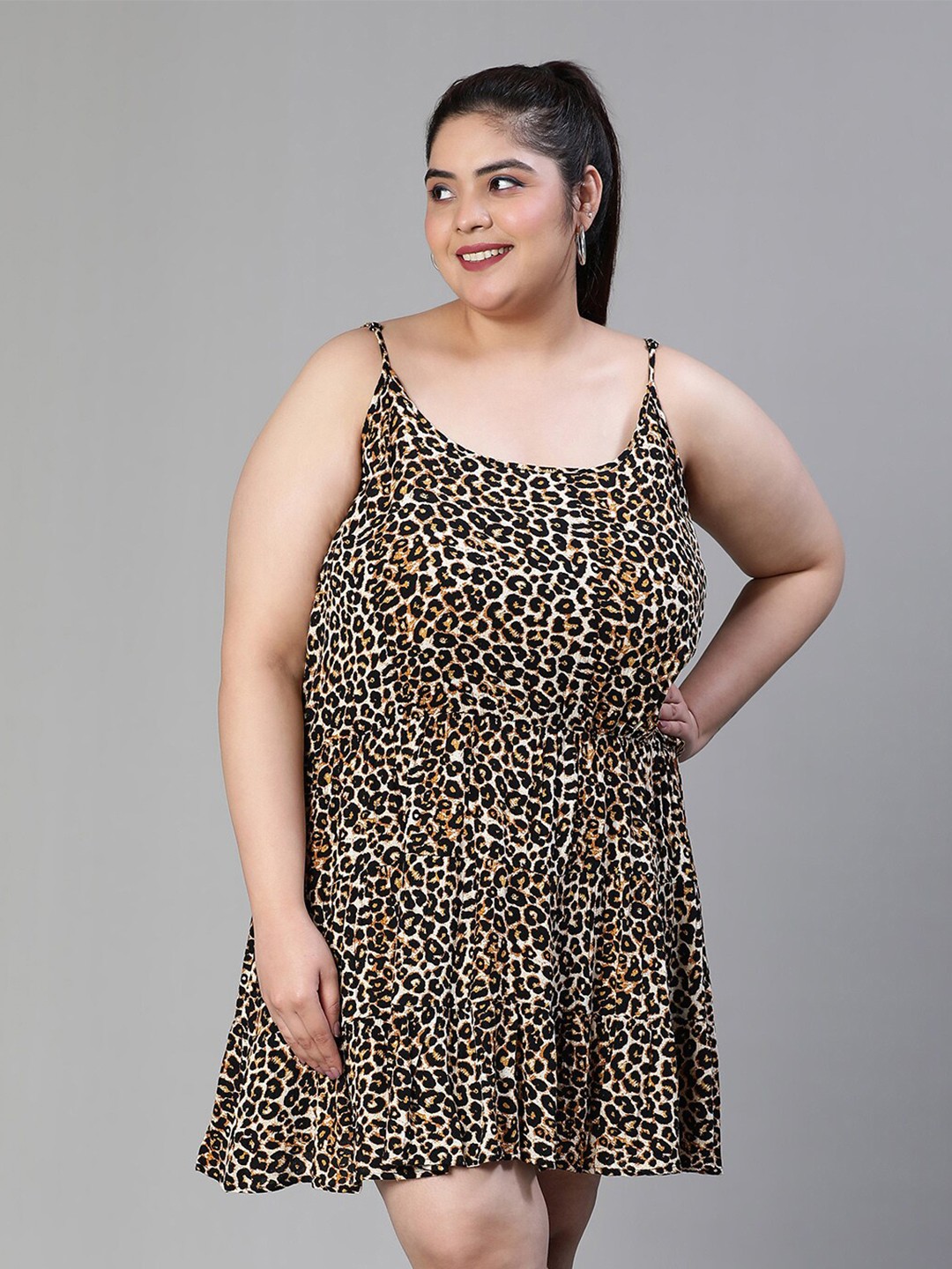 

Oxolloxo Plus Size Animal Printed A-Line Dress, Beige