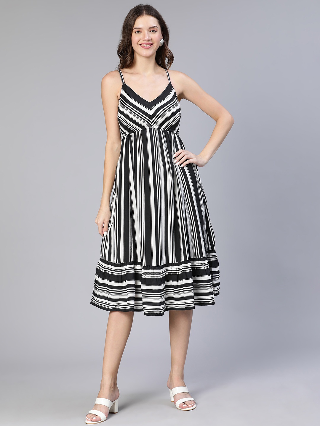 

Oxolloxo Striped Shoulder Straps Fit & Flare Midi Dress, Black