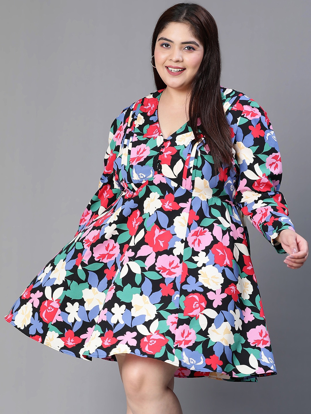 

Oxolloxo Plus Size Floral Printed Fit & Flare Dress, Black