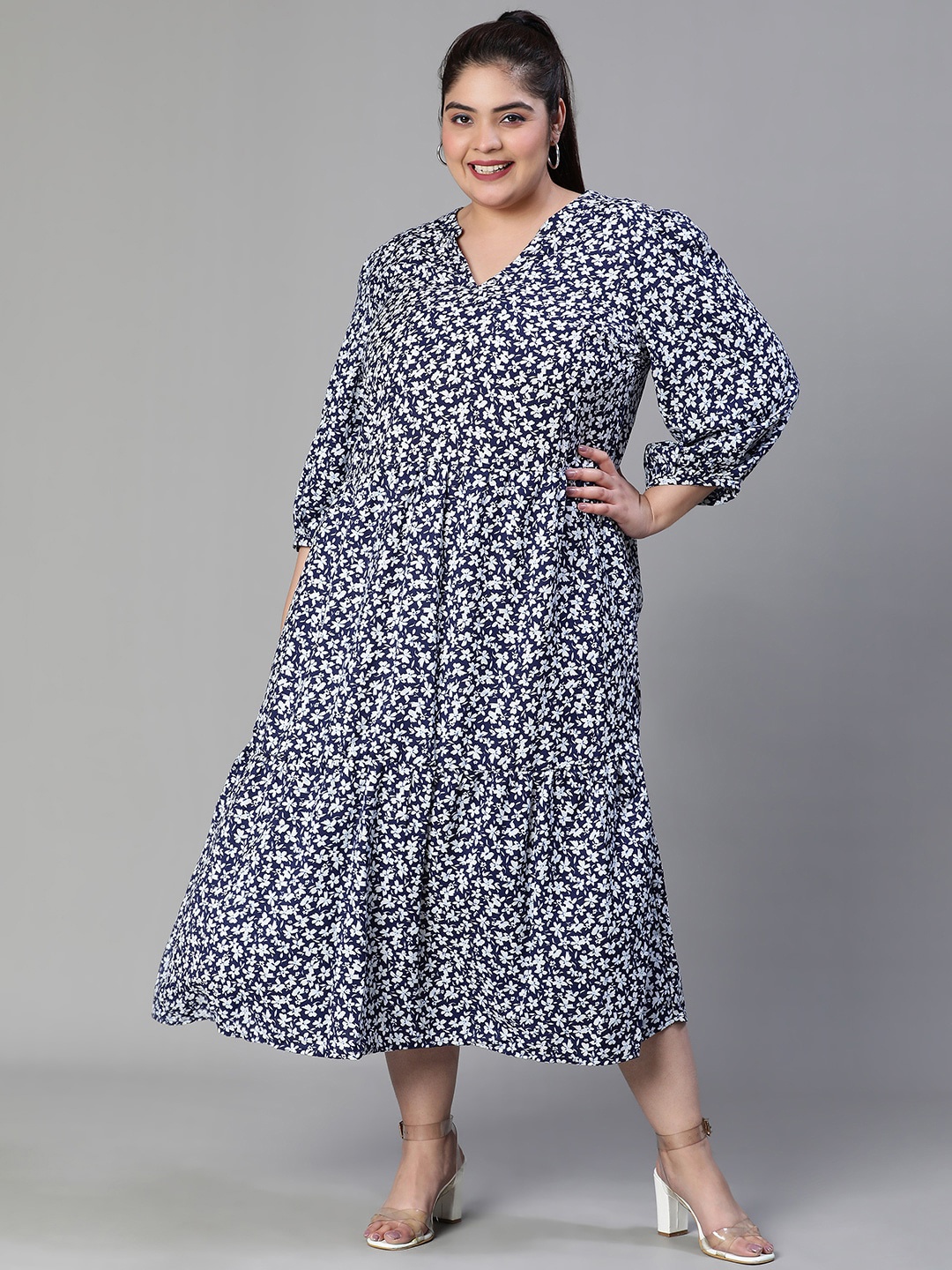 

Oxolloxo Plus Size Floral Printed Tiered A-Line Midi Dress, Blue