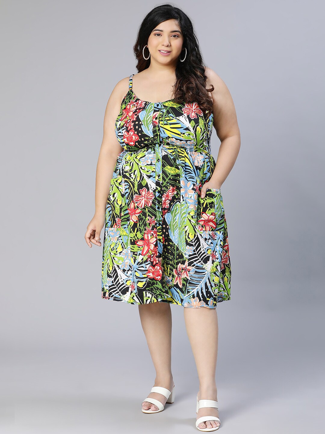 

Oxolloxo Plus Size Tropical Printed Shoulder Strap Shirt Dress, Green