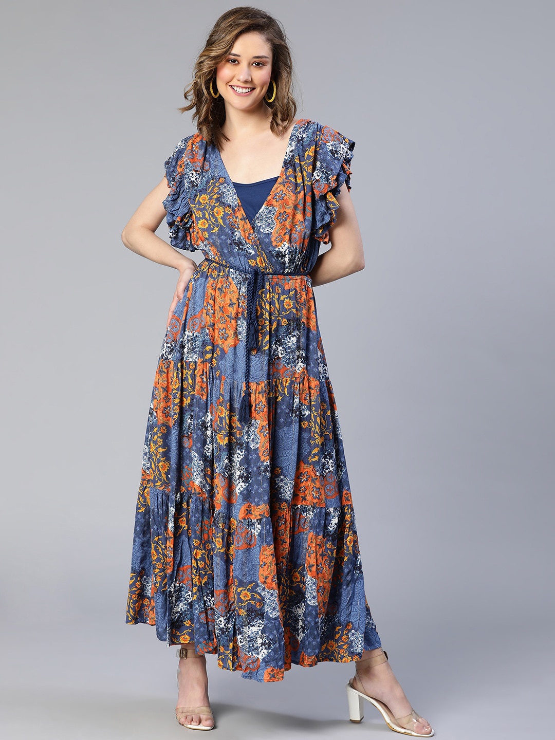 

Oxolloxo Floral Printed Flutter Sleeves Linen Fit & Flare Maxi Dress, Navy blue