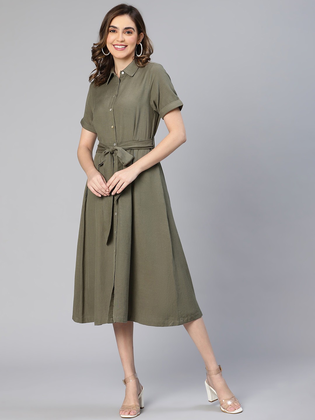 

Oxolloxo Shirt Collar Midi Shirt Style Dress With Belt, Green