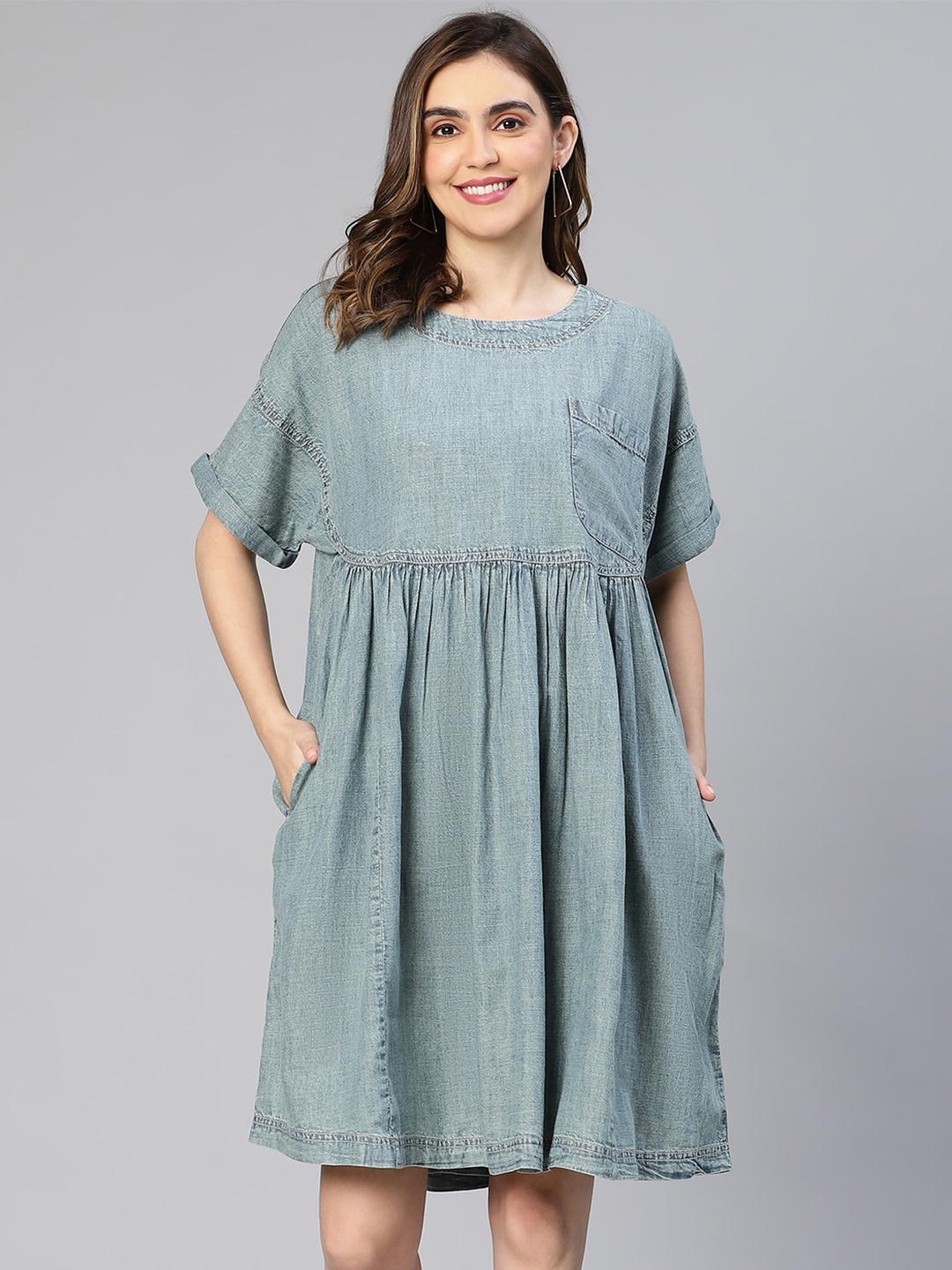 

Oxolloxo Round Neck Boxy Fit A-Line Dress, Blue