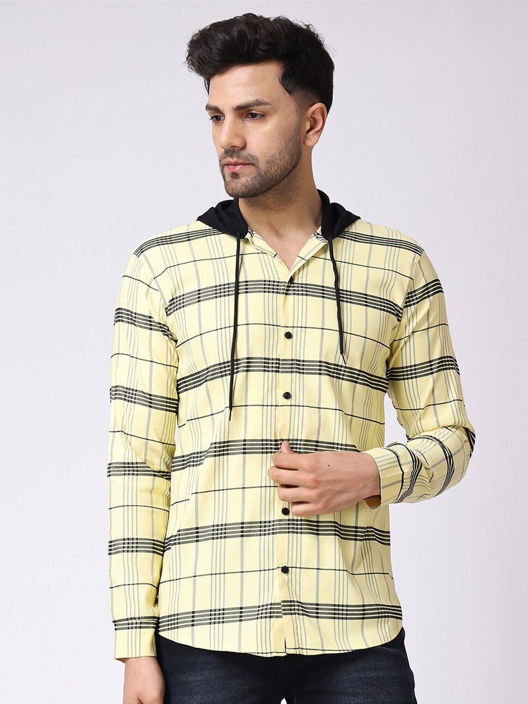 

Voroxy Checked Hooded Casual Shirt, Yellow