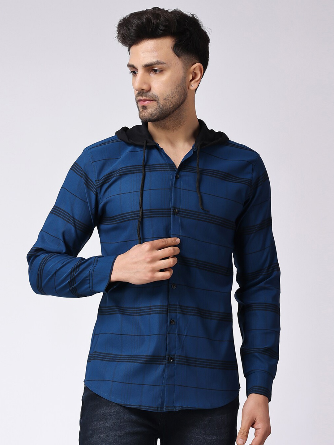 

Voroxy Hooded Checked Casual Shirt, Navy blue