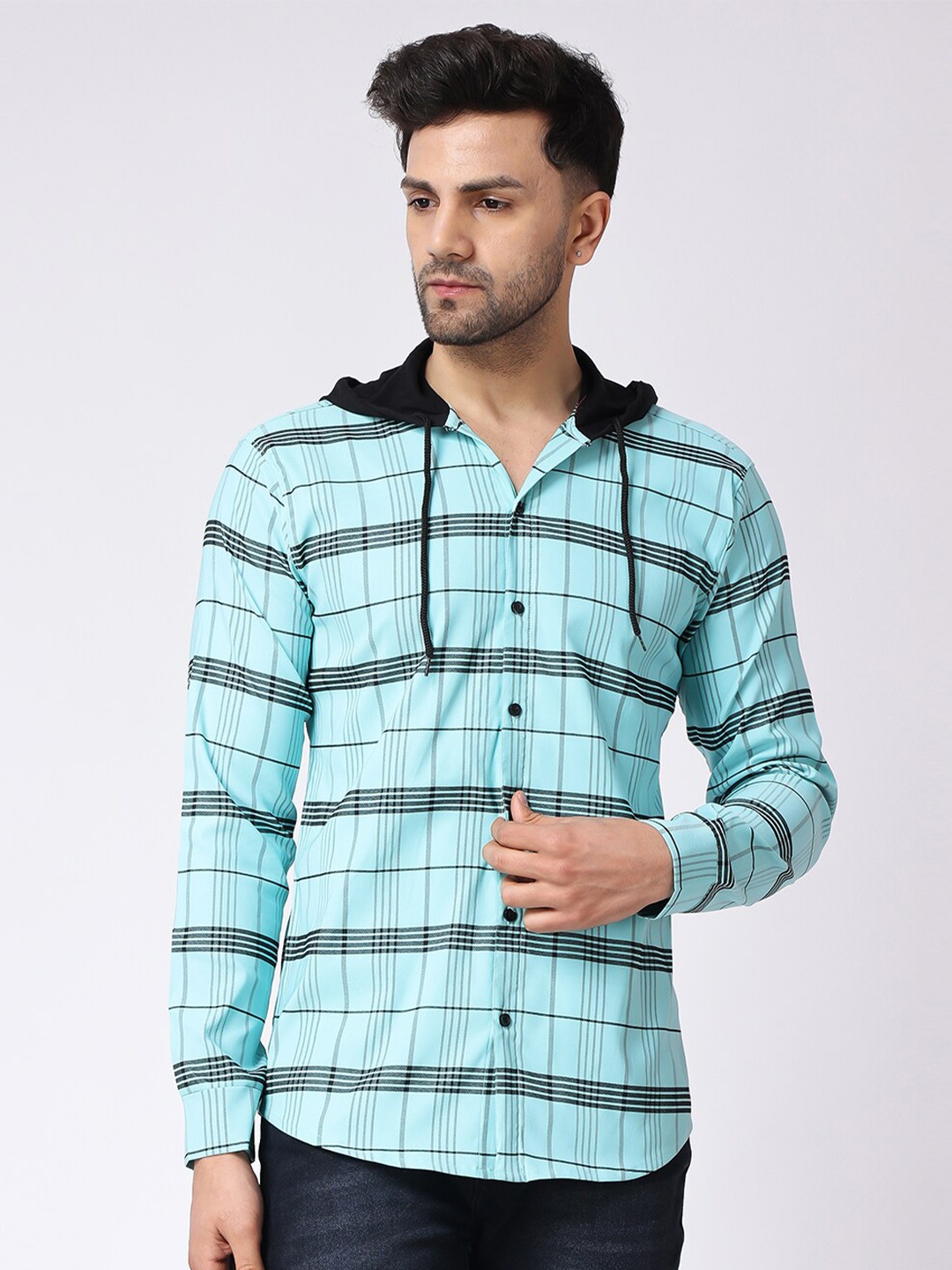 

Voroxy Hooded Checked Casual Shirt, Blue