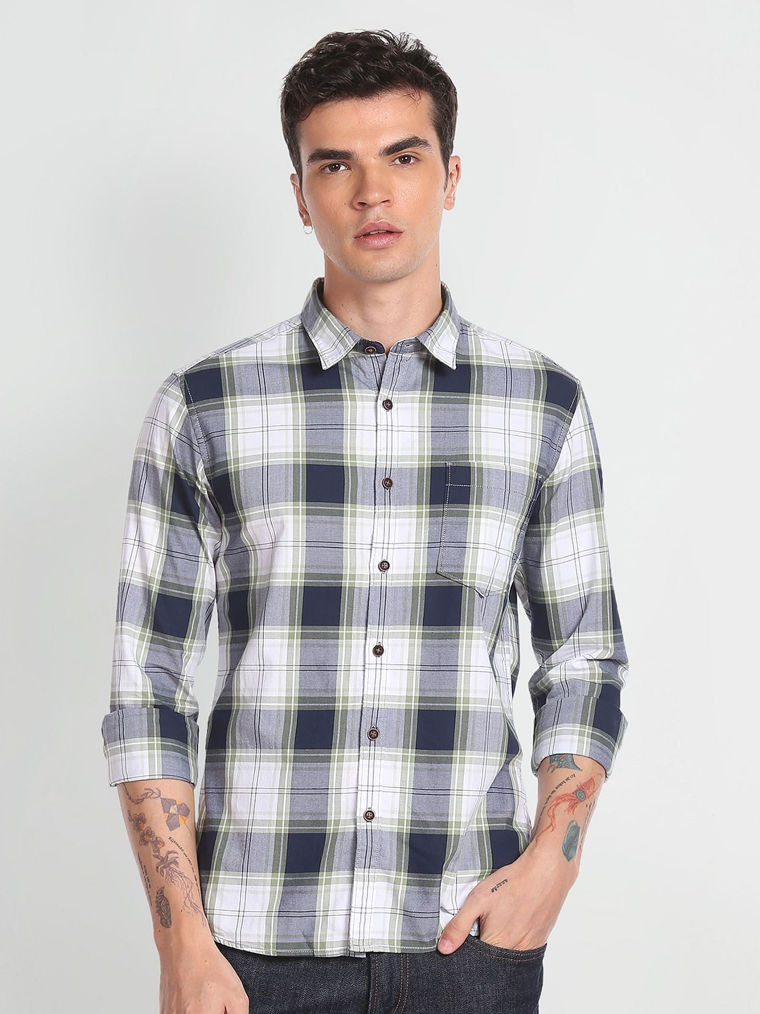 

Flying Machine Slim Fit Tartan Checked Opaque Casual Pure Cotton Shirt, Blue