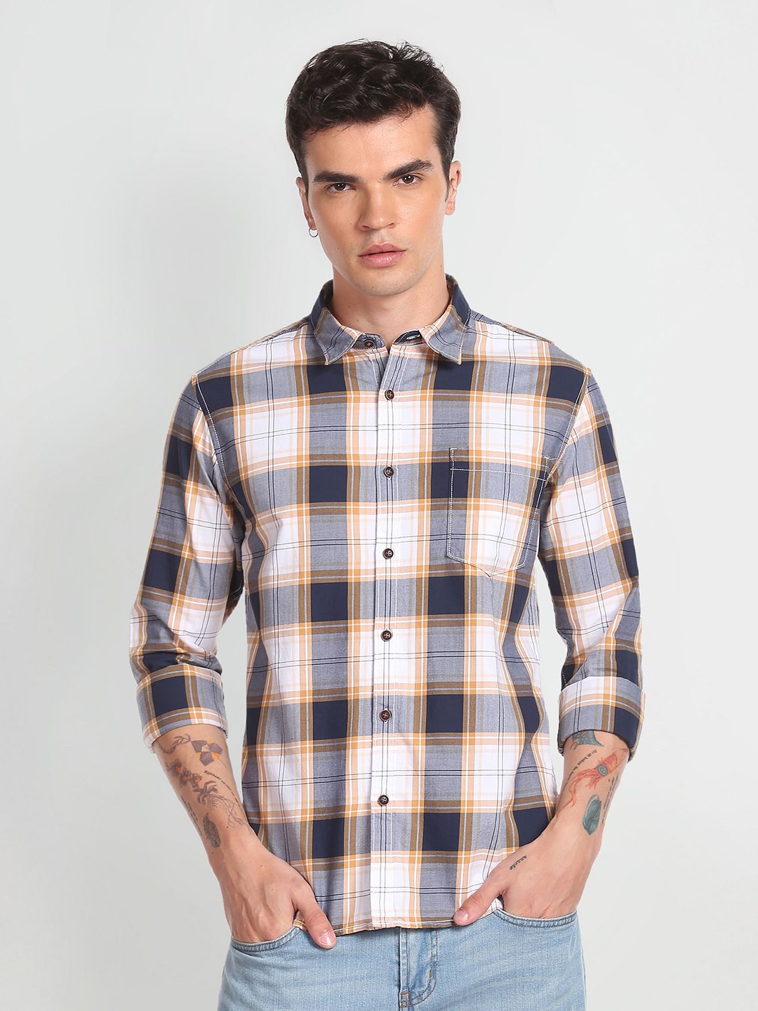 

Flying Machine Slim Fit Tartan Checked Opaque Casual Pure Cotton Shirt, Blue