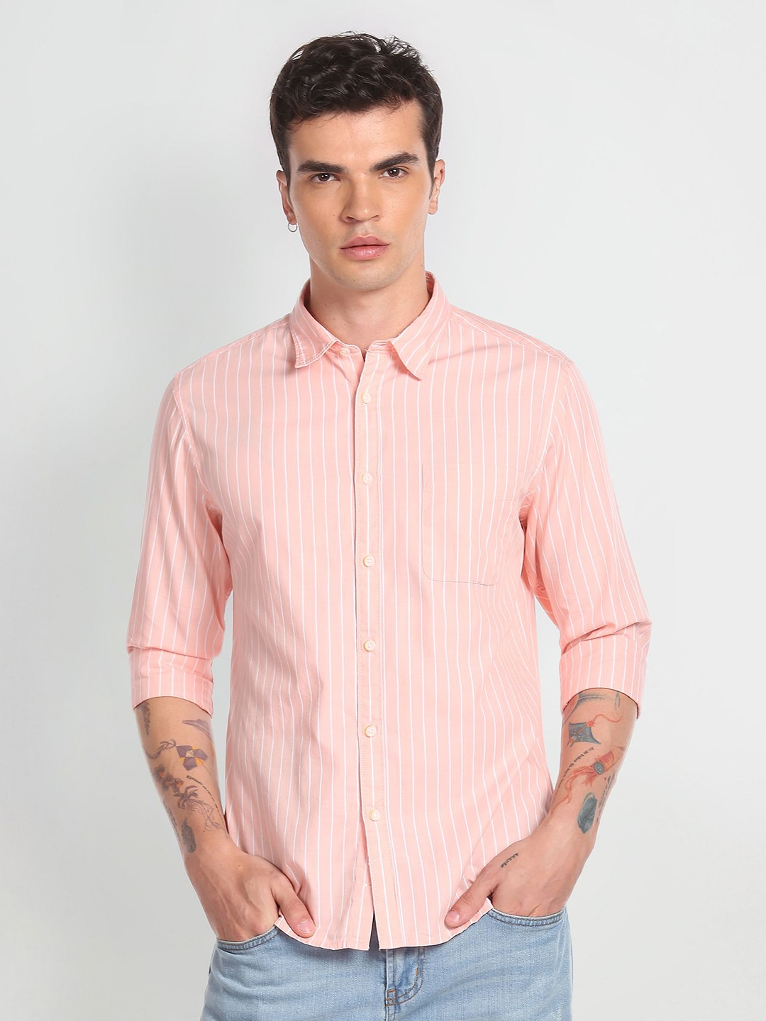 

Flying Machine Slim Fit Striped Opaque Casual Pure Cotton Shirt, Peach