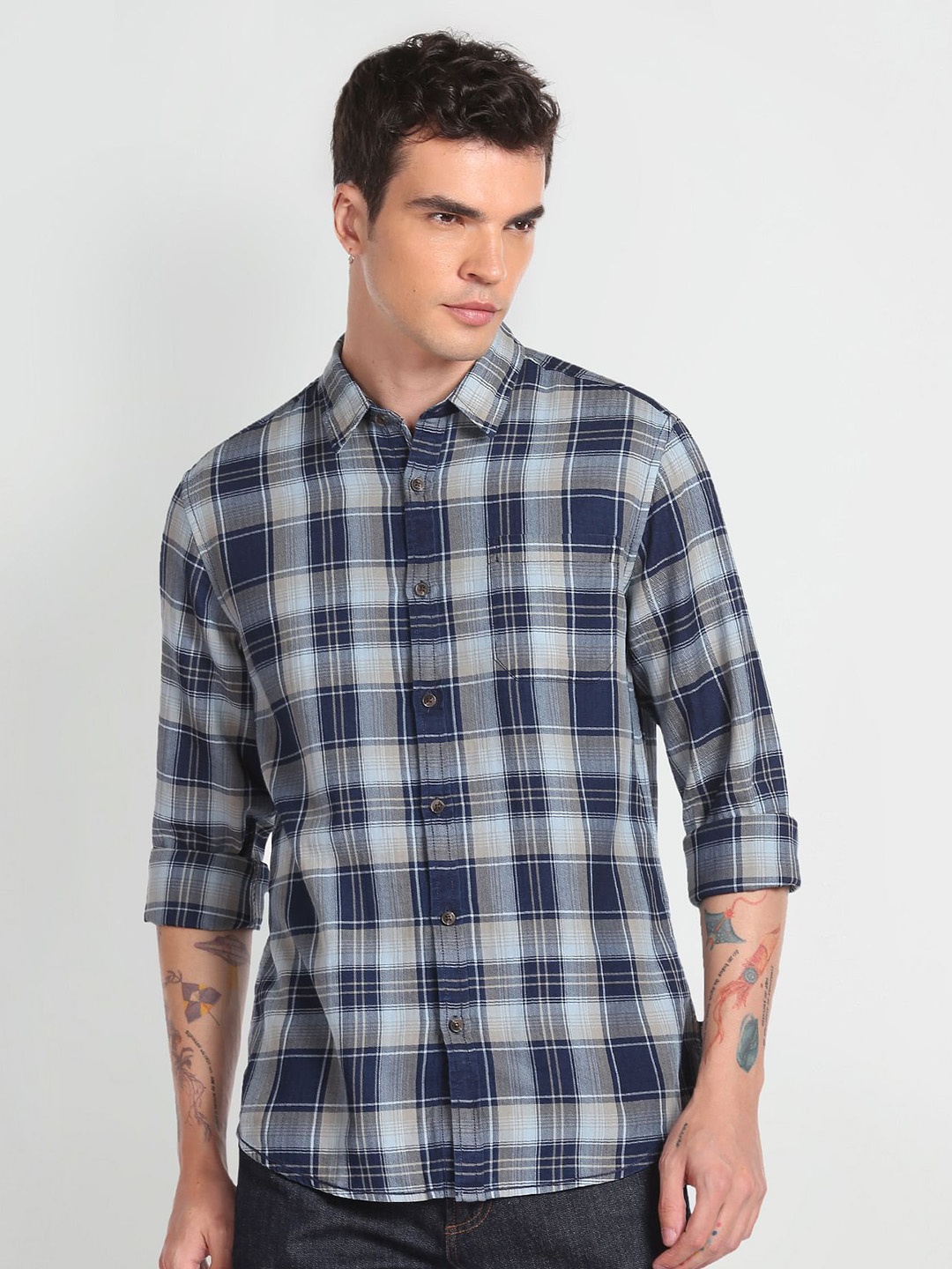 

Flying Machine Slim Fit Tartan Checked Opaque Casual Pure Cotton Shirt, Blue