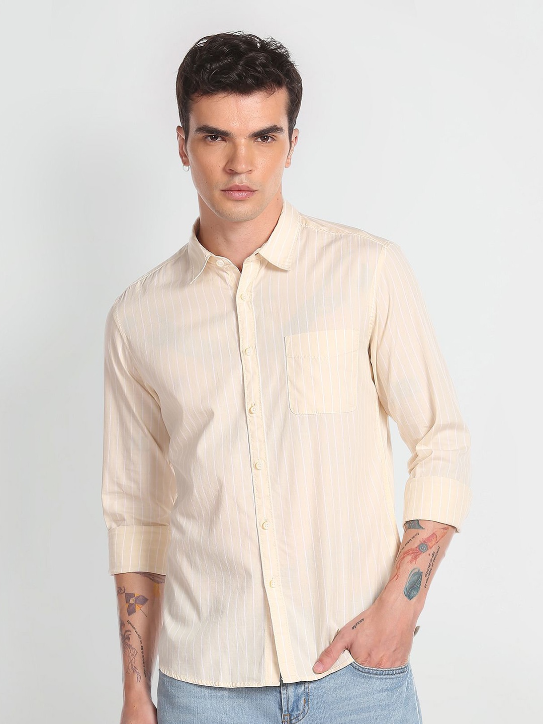 

Flying Machine Slim Fit Striped Opaque Casual Pure Cotton Shirt, Yellow