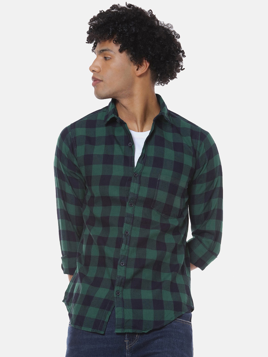 

Campus Sutra Green Checked Classic Spread Collar Cotton Casual Shirt