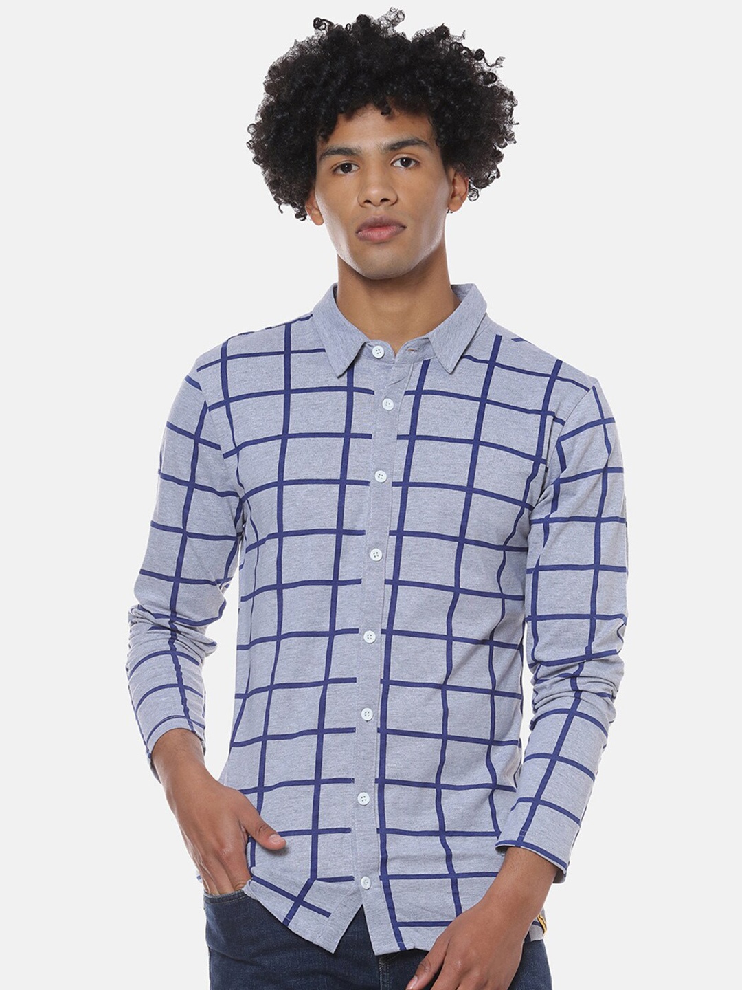 

Campus Sutra Grey Checked Classic Spread Collar Cotton Casual Shirt