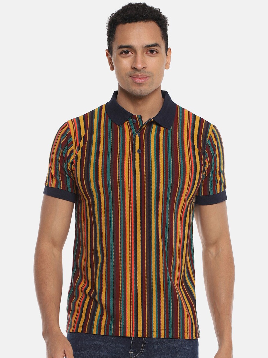 

Campus Sutra Navy Blue & Mustard Yellow Striped Polo Collar Cotton T-shirt