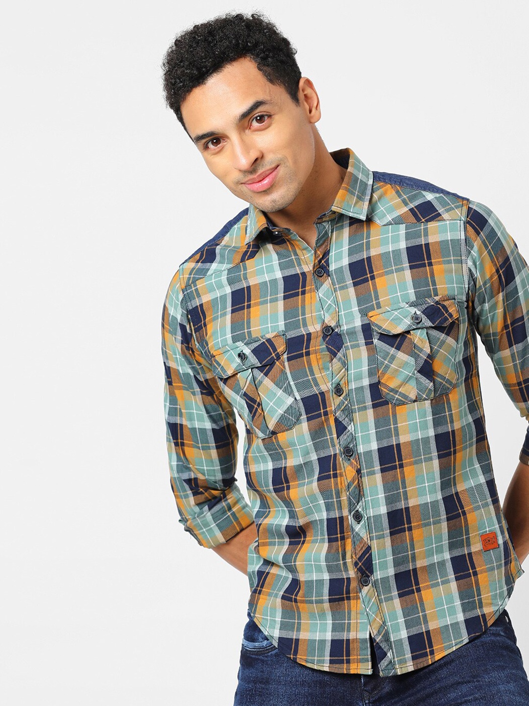 

Campus Sutra Green Tartan Checked Classic Spread Collar Cotton Shirt