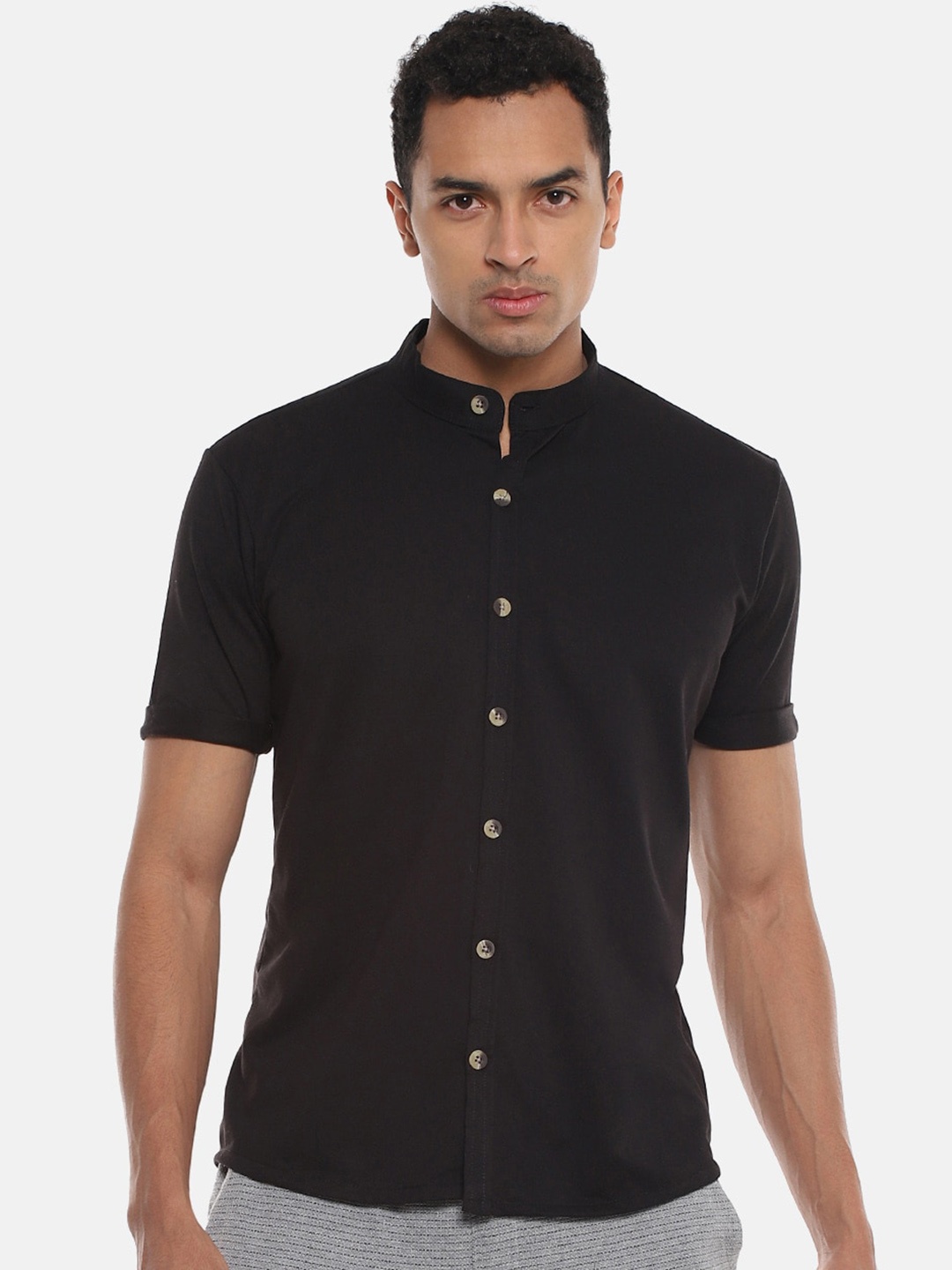 

Campus Sutra Black Classic Band Collar Cotton Casual Shirt