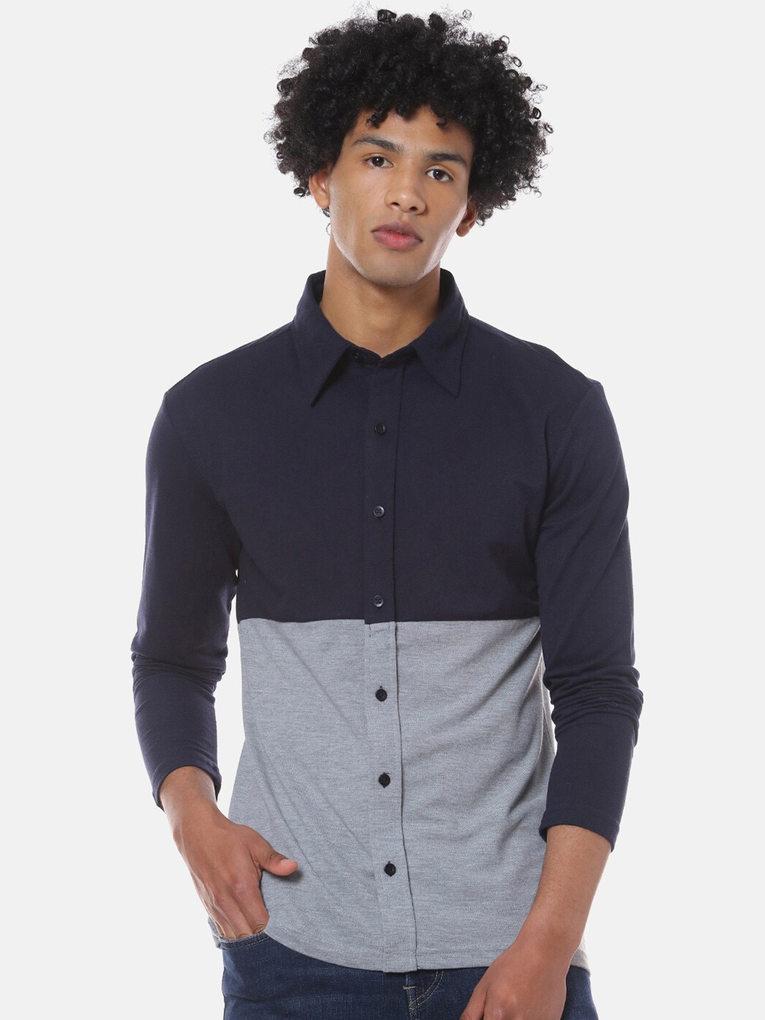 

Campus Sutra Navy Blue Colourblocked Classic Spread Collar Cotton Casual Shirt