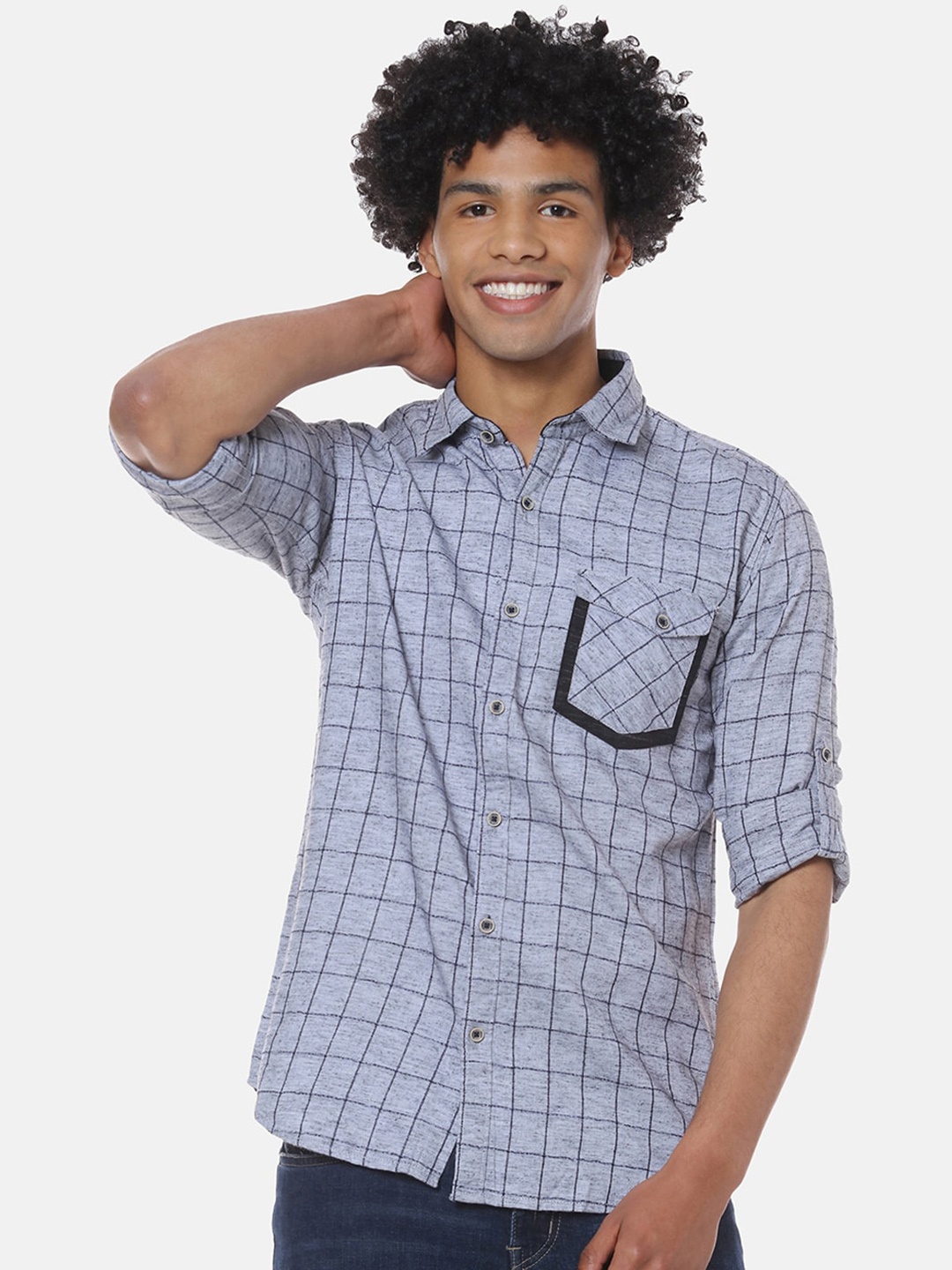 

Campus Sutra Grey Classic Checked Spread Collar Cotton Shirt