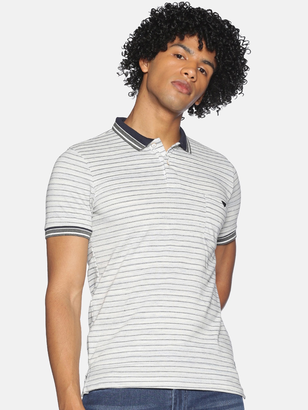 

Campus Sutra Grey Striped Polo Collar Cotton T-shirt