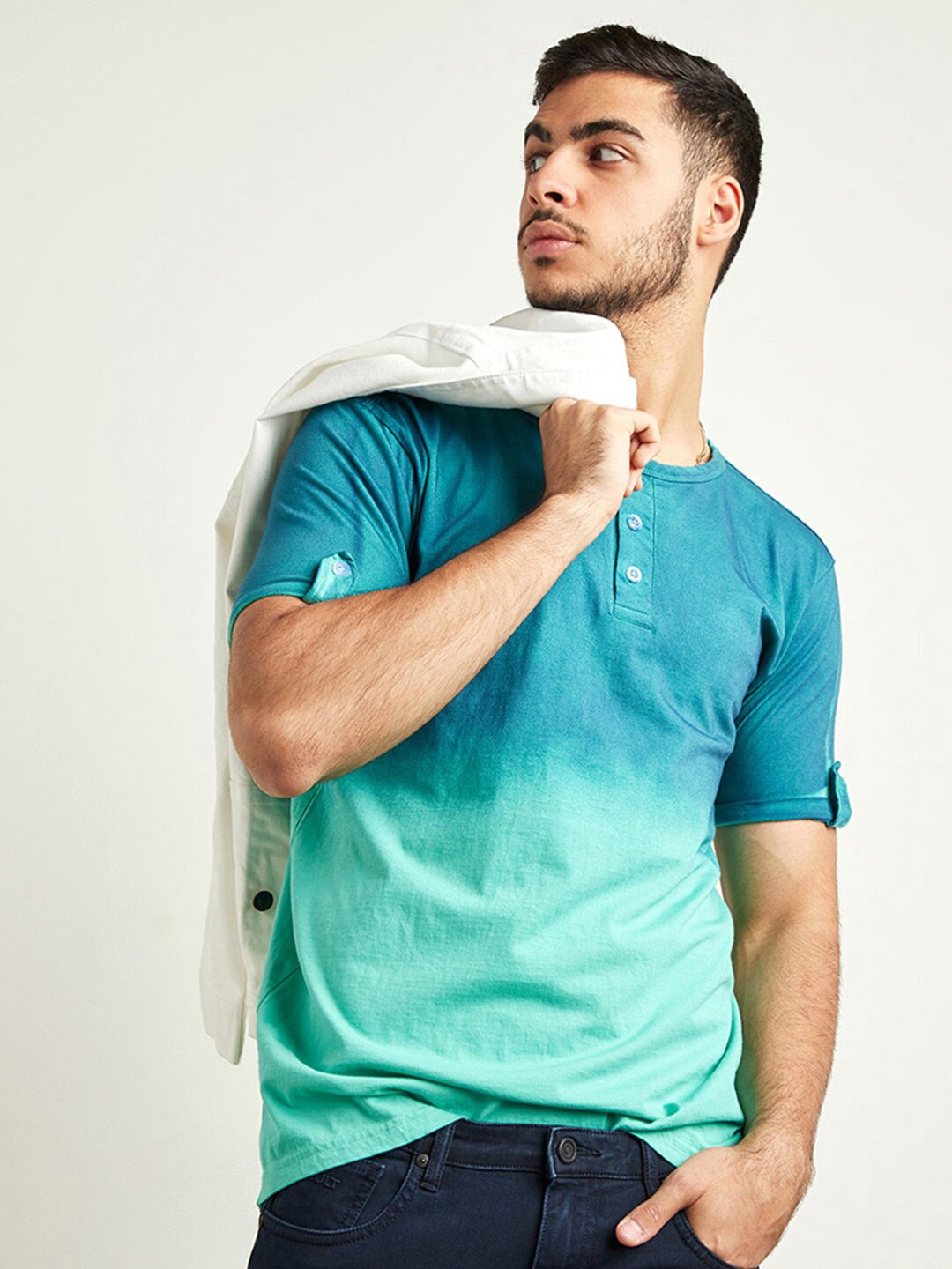 

Campus Sutra Green & Blue Tie & Dye Henley Neck Cotton T-shirt
