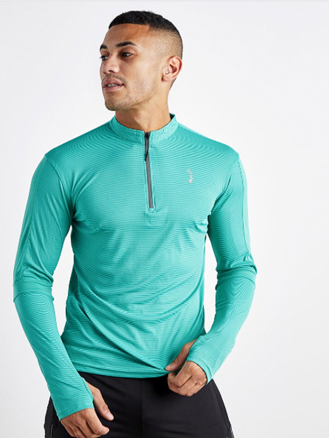 

Campus Sutra Sea Green Striped High Neck Sports T-shirt