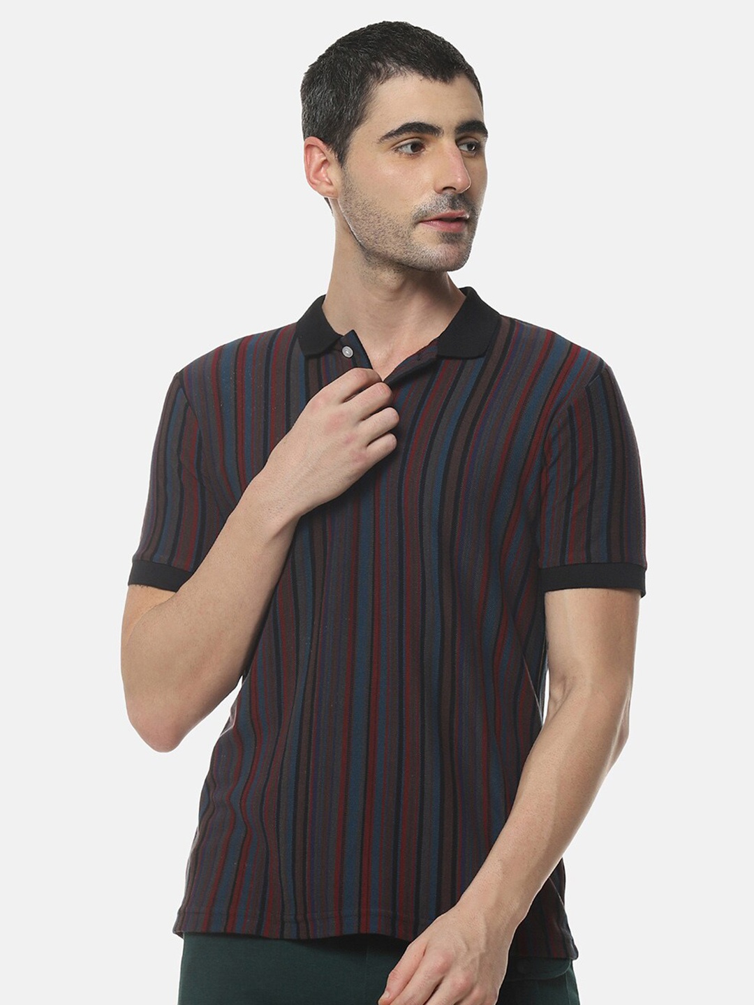 

Campus Sutra Black & Red Striped Polo Collar Cotton T-shirt